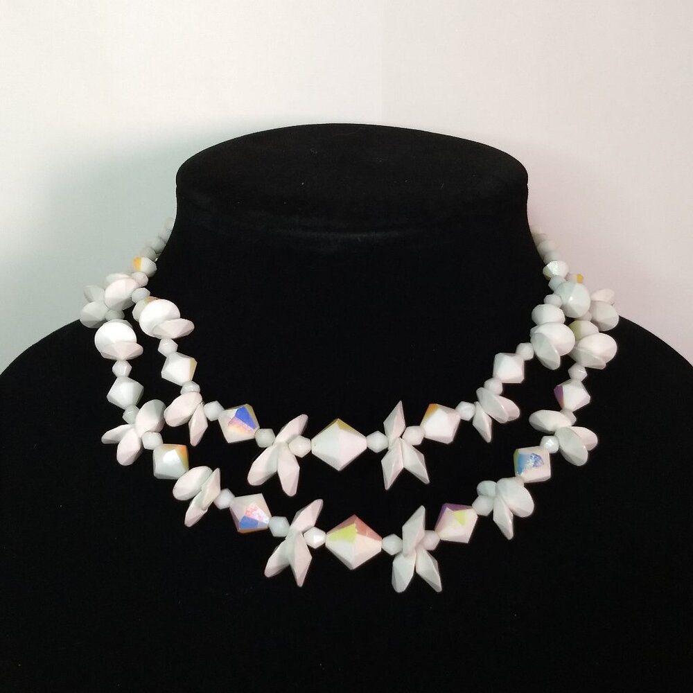 White Iridescent Double Strand Necklace Multishaped Beads Wedding Party Glam